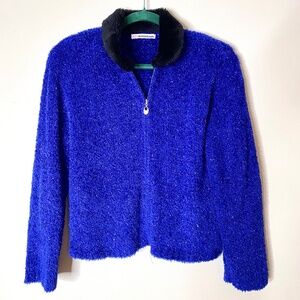 Y2K Christie Brooks Blue Fuzzy Metallic Black Faux Fur Collar Zip Jacket